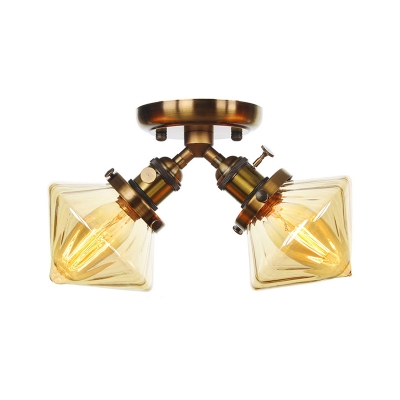 Amber/Clear Glass Diamond Ceiling Flush Mount Vintage Style 2 Heads Black/Bronze Semi Flush Mount Light over Table