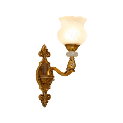 Brass 1/2-Bulb Wall Lamp Vintage Style Frosted Glass Petal Shade Sconce Light Fixture for Corridor