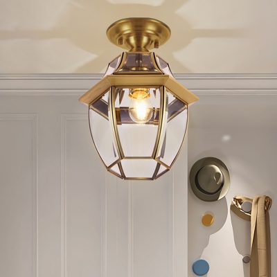 Brass 1 Head Flush Mount Lamp Colonialism Clear Bevel Glass Lantern Ceiling Fixture for Living Room