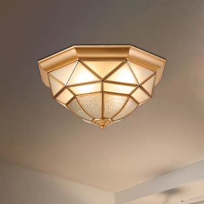 Brass 3/4 Lights Flush Mount Fixture Colonialism Beveled Frosted Glass Prismatic Ceiling Mounted Light for Restaurant, 14