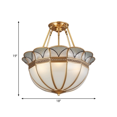 Brass 4 Heads Semi Flush Light Colonialism Sandblasted Glass Scalloped Ceiling Fixture for Dining Room