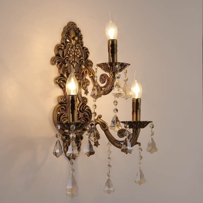Brass Candelabra Wall Light Fixture Vintage Metal 3 Heads Sconce Light with K9 Crystal Decoration