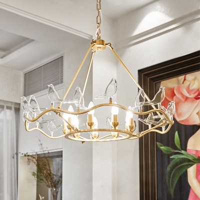 Brass Circle Chandelier Light Postmodern 9 Heads Metal Hanging Lamp Kit with Clear Glass Bird Decoration