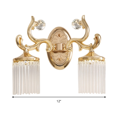 Clear Pipe Crystal Wall Lighting Vintage 1/2 Bulbs Wall Mounted Light Fixture with Curved Arm in Gold Finish