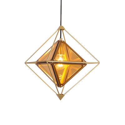 Colonial Diamond Shape Drop Pendant 1-Light Black/Gold/Amber Glass Ceiling Light Fixture with Exterior Iron Frame