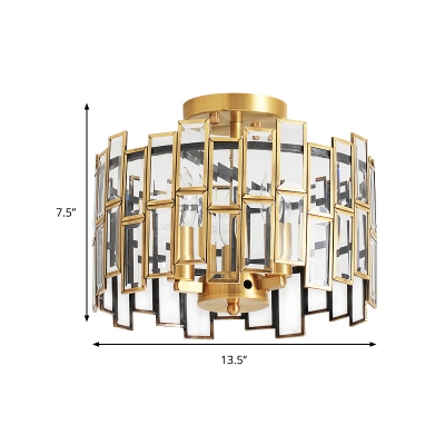 Drum Ceiling Light Fixture Modern Metal 3 Heads Ceiling Mounted Fixture with Crystal Block in Brass