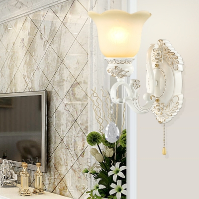 Flower Living Room Wall Light Vintage Beige Glass 1/2 Lights Ivory Wall Mounted Light