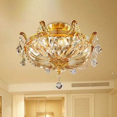 Golden Basket Semi Flush Ceiling Light Modernist 5-Head Flush Mount Fixture with Clear Glass Shade and Crystal Draping