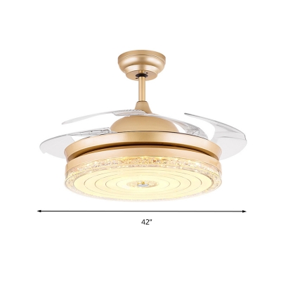 LED Bedroom Semi Flush Mount Light Gold Ceiling Fan Lamp with Round Crystal, Frequency Conversion/Remote Control/Wall Control