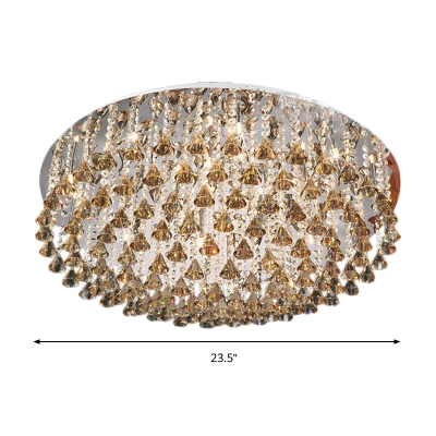 LED Living Room Flush Light Fixture Contemporary Nickel Ceiling Lamp with Round Crystal Strand