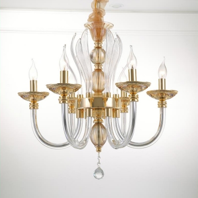 Modern Curved Chandelier Clear Glass 6 Heads Pendant Lamp over Table with Dropped Crystal Ball in Gold