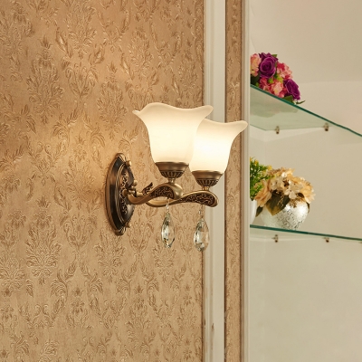 Modern Floral Sconce Light 1/2 Bulbs Metal Wall Mount Lighting in Brass with Opal Glass Shade