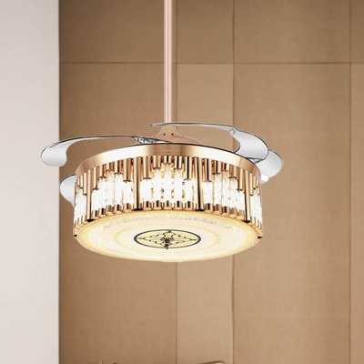 Modernism Drum Metal Ceiling Fan Light LED Semi Flush Mount Lighting in Gold for Living Room