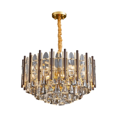 Round Faceted Crystal Chandelier Light Fixture Contemporary 7 Heads Gold Hanging Light Kit