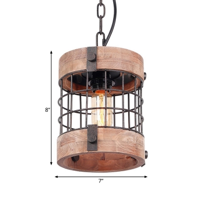 Traditional Cylinder Hanging Ceiling Light 1 Light Wood Pendant Lamp in Brown for Dining Room