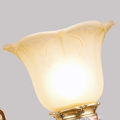 1 Light Petal Wall Mounted Lighting with Carved Arm Vintage White Glass Sconce Light in Gold Finish