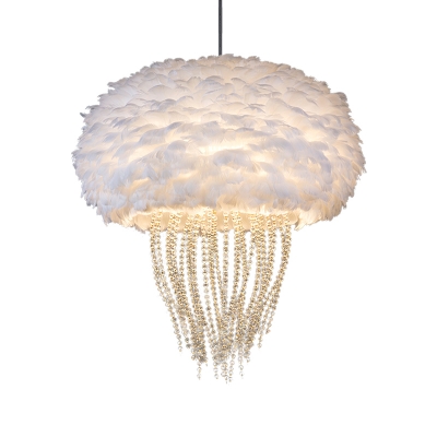 2/3 Bulbs Jellyfish Pendant Light Grey/White Feather Shade Nordic Hanging Ceiling Light with Crystal Accents