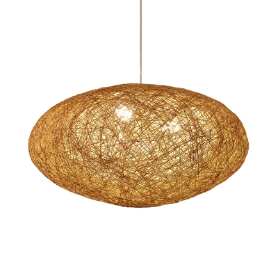 3 Bulbs Oval Pendant Lighting Asian Style Rattan Hanging Light in Wood for Home