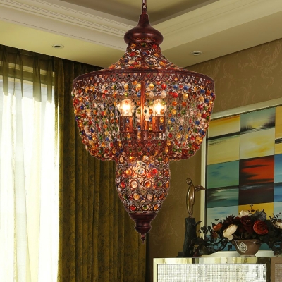 4 Lights Crystal Pendant Light Bohemia Metal Shade Hanging Ceiling Light in Antique Copper