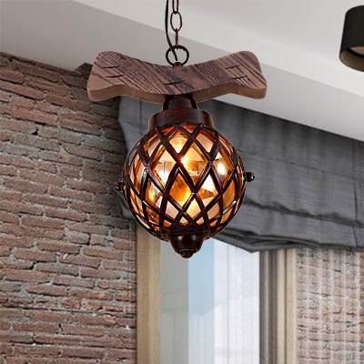 Amber Glass Ball Pendant Lamp with Wooden Base 1 Light Country Ceiling Hanging Light in Copper