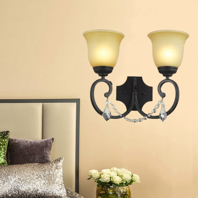 Amber Glass Black Sconce Light Fixture Bell 2-Light Rustic Wall Mounted Lighting for Corridor