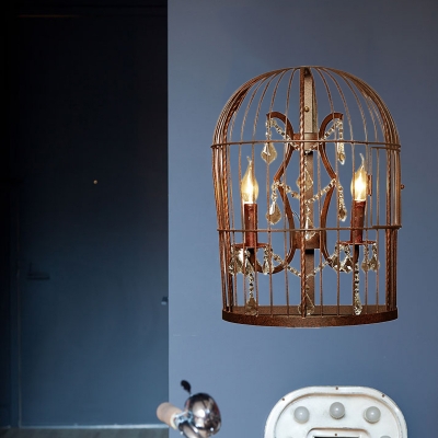 Birdcage Bedroom Wall Lamp Country Metal 2-Light Rust Sconce Light Fixture with Crystal Drop
