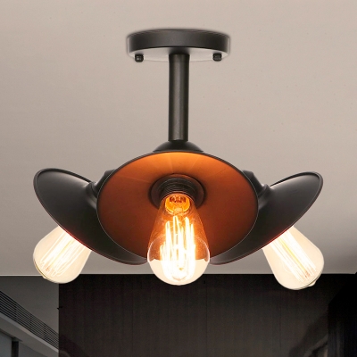 Black Cone/Saucer Ceiling Mounted Fixture Industrial Style Metal 3 Heads Black Semi Flush Light Fixture