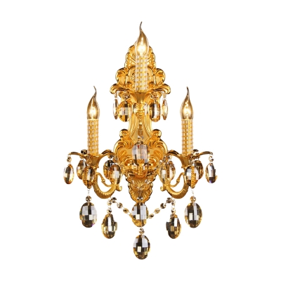 Candle Living Room Wall Lamp Traditional Metal 3 Heads Gold Sconce Light Fixture with Teardrop Crystal Decoration