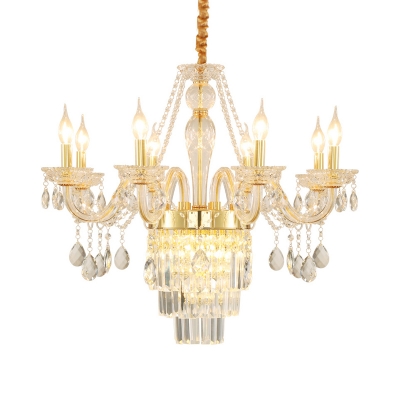 Clear Crystal Candle Chandelier Lamp Traditional 6 Heads Living Room Hanging Light in Gold/Chrome
