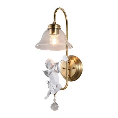 Clear Glass Gold Sconce Light Fixture Bell 1-Light Contemporary Wall Mounted Lamp for Living Room with Resin Angel Deco