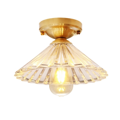 Cone Flush Mount Lamp with Clear Striped Glass Shade Vintage 1 Light Flush Ceiling Light in Brass
