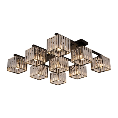 Contemporary Square Flush Mount Light Three Sided Crystal Rod 4/6/9 Heads Living Room Ceiling Lamp in Gold/Black