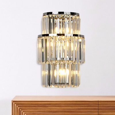 Cylinder Wall Lamp Modern Faceted Clear Crystal Prism 3 Lights Living Room Wall Sconce Light in Silver