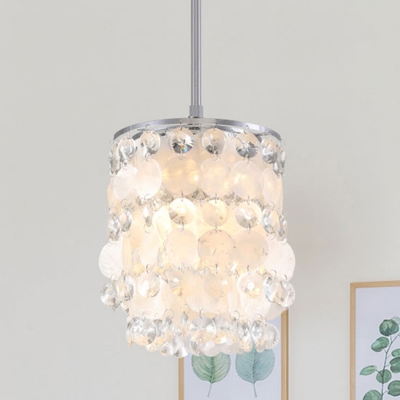 Cylindrical Pendant Lighting with Shell Decoration Modern 2 Bulbs Hanging Pendant Light in Chrome over Table