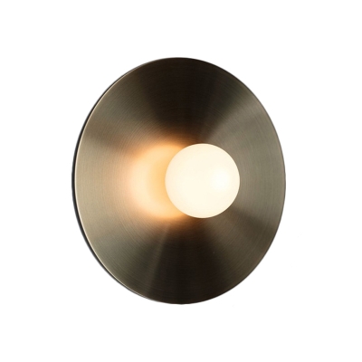 Gold Circular Flush Mount Colonial Metal 1 Bulb Indoor Wall Sconce Light with Milk Glass Shade