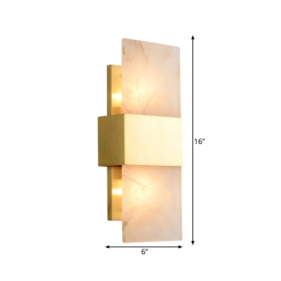 Gold Rectangle Wall Sconce Colonial Marble 2 Bulbs Living Room Flush Mount Wall Light