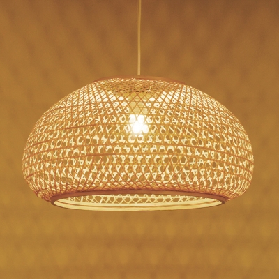 Handwoven Hanging Pendant Light with Dome Bamboo Shade 1 Head Asian Ceiling Hanging Light in Wood, 16