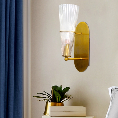 Indoor Cone Wall Lighting Clear Ribbed Glass Single Light Mid Century Modern Sconce Lighting in Brass