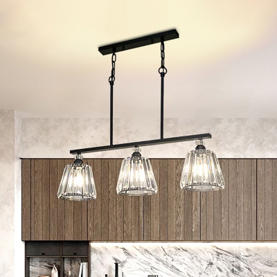 Industrial Cone/Cylinder Hanging Ceiling Light 3 Lights Clear Crystal Linear Chandelier Light in Black