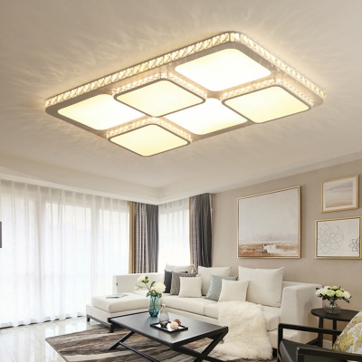 LED Crystal Flush Mount Lighting Fixture Modern White Square Living Room Close to Ceiling Light in White/Warm Light