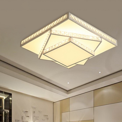 LED Flush Mount Lamp Modern White Ceiling Light with Rectangle/Square Crystal Shade in White