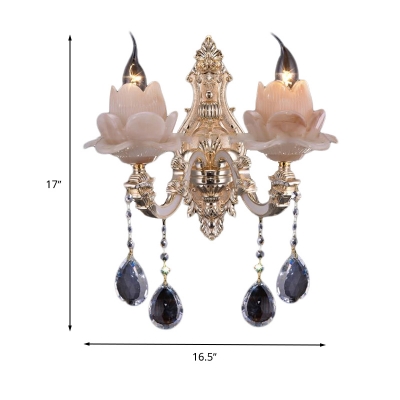 Modernism Lotus Wall Light White Glass 1/2 Heads Living Room Sconce Light with Crystal Drip Decoration
