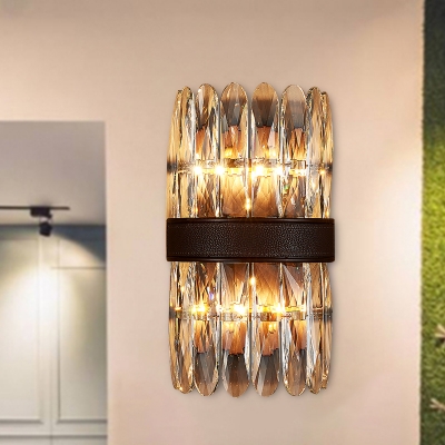 Postmodern Column Sconce Light Fixture Faceted Clear Crystal Prism 2 Lights Bedroom Wall Lamp with Black Leather Belt