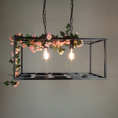 Rectangle Cage Hanging Lamp Vintage Metallic 2 Bulbs Ceiling Chandelier with Flower Decoration in Black