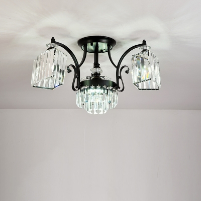 Rectangular-Cut Crystal Trapezoid Ceiling Lamp Modern 3 Heads Black Semi Flush Light in Warm/White Light