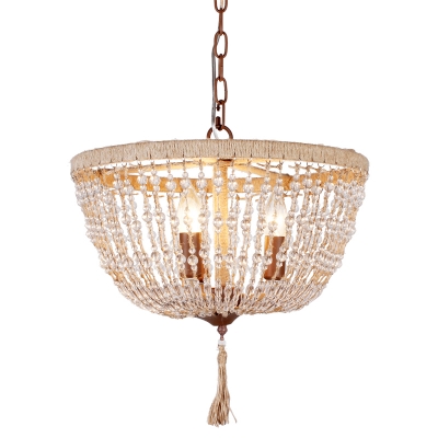 Rustic Bowl Chandelier Lamp Clear Crystal Bead 3 Lights Hanging Pendant Light in Brown