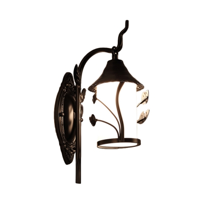 Rustic Flower/Leaf/Metal Frame Sconce Light 1 Bulb Opal Glass Wall Mounted Lighting in Black for Corridor