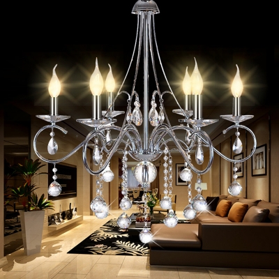 Silver 6 Heads Hanging Light Traditional Metal Candle Chandelier Light Fixture with Crystal Ball Decoration