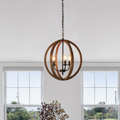 Spherical Shade Chandelier Light Retro Stylish Wood 3 Lights Brown Suspension Lamp for Living Room