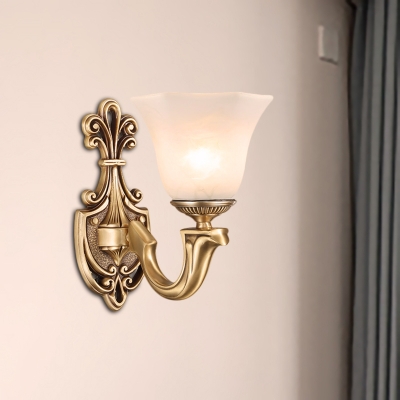 Traditional Bell Sconce White Glass 1/2 Heads Wall Mounted Lamp with Brass Carved Metal Arm